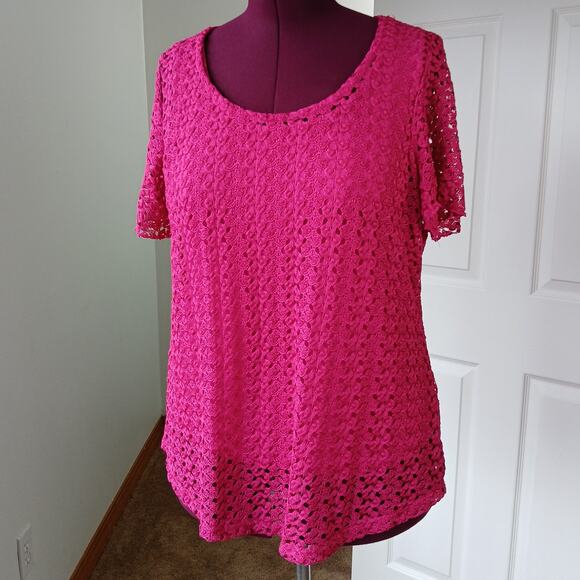 JM Collection Magenta Lace Layered Tee 2X short sleeve lightweight knit 2-in-1 - Picture 1 of 16